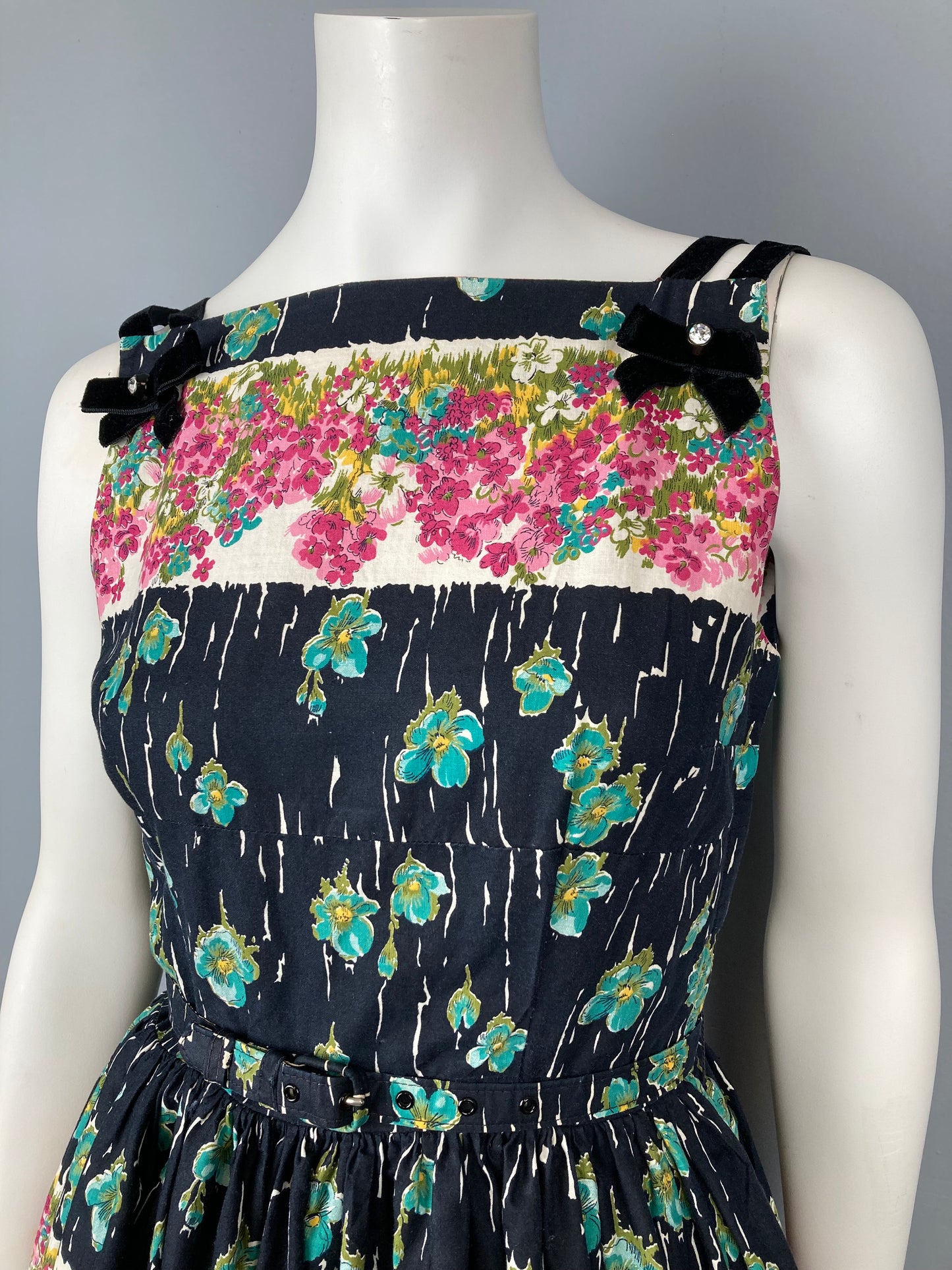 1950s Cotton Summer Dress, Vintage Fit and Flare, Size Small