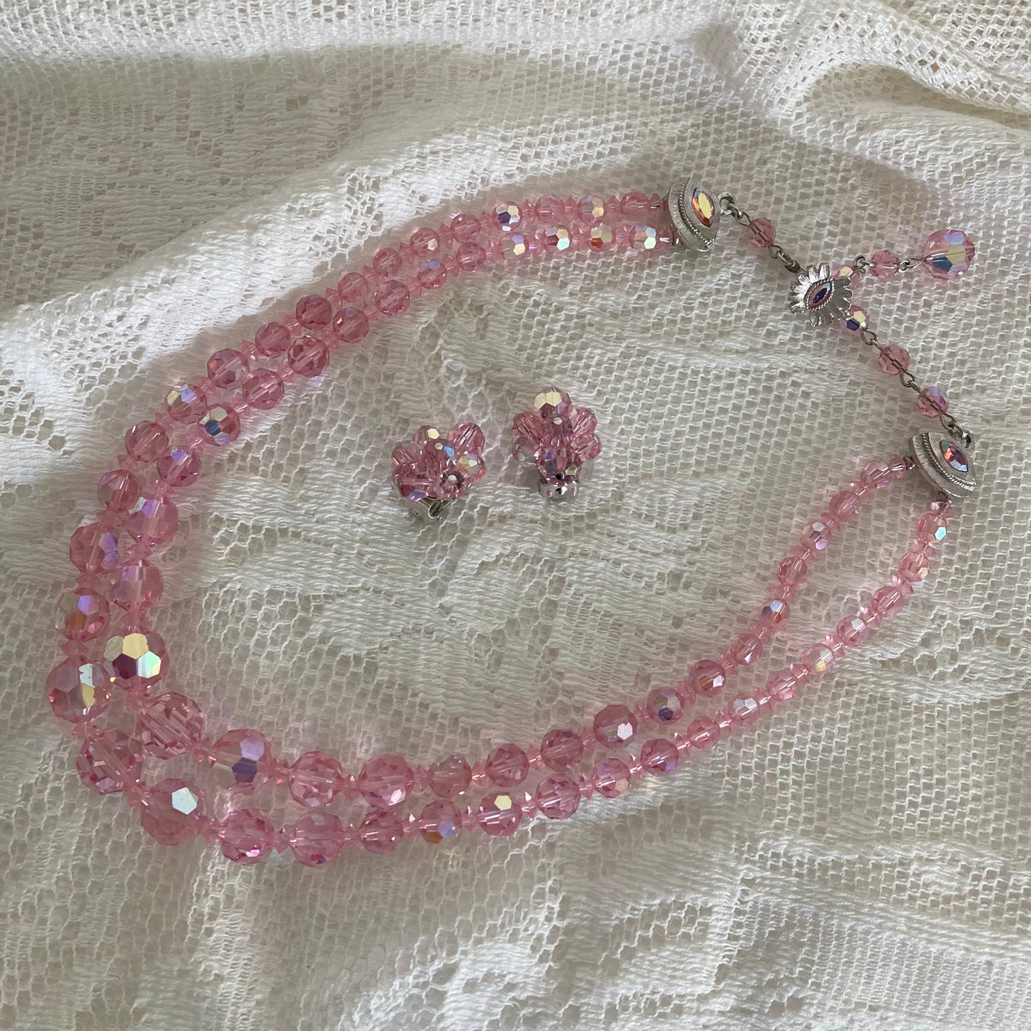 Vintage Sherman Pink Crystal Necklace and Earring Set, Vintage Double Strand Necklace