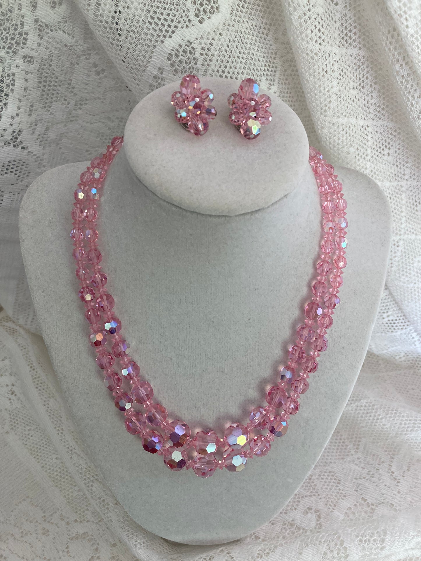 Vintage Sherman Pink Crystal Necklace and Earring Set, Vintage Double Strand Necklace