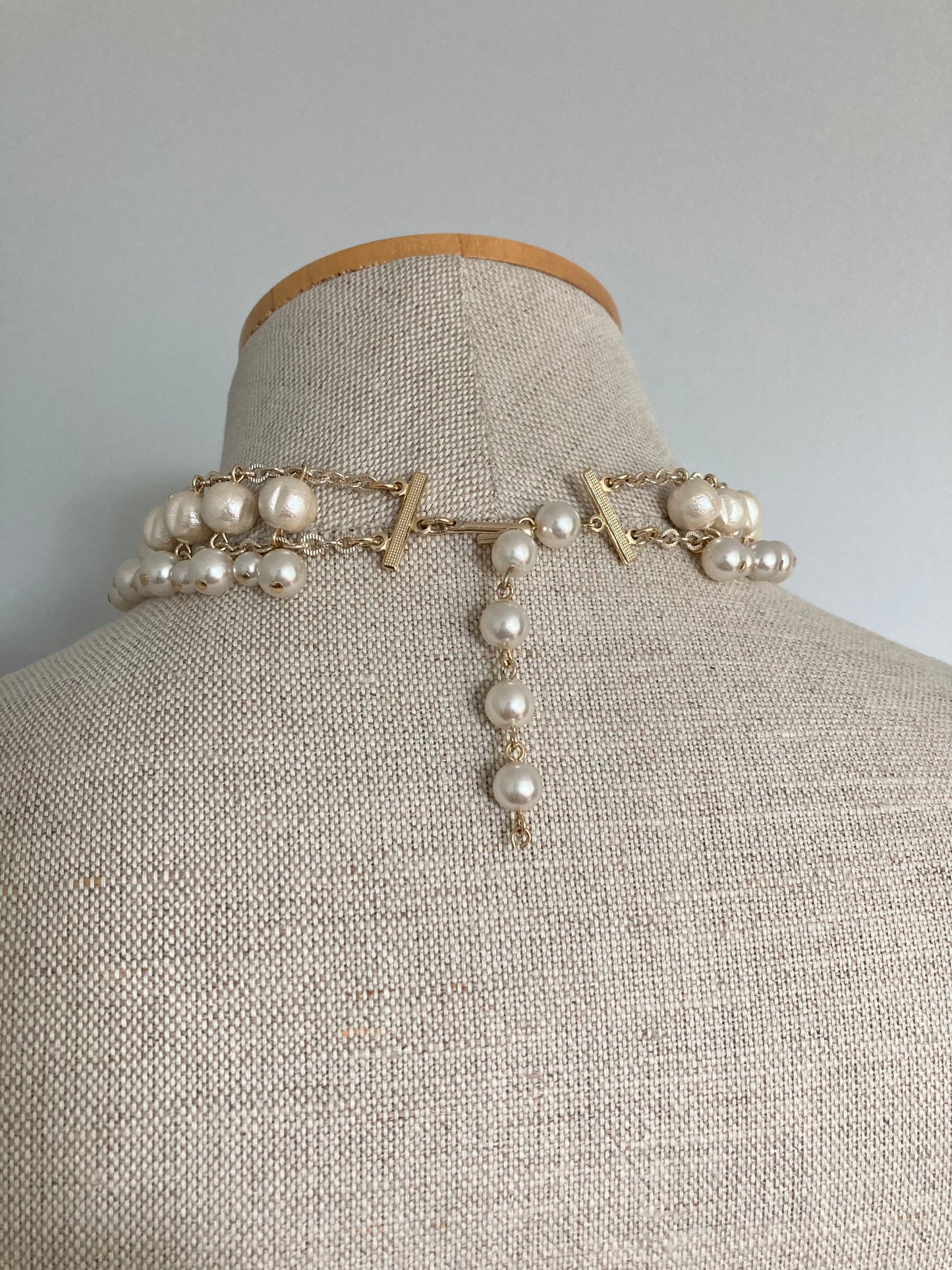 1970s Cotton Pearl Bib Necklace, Vintage Faux Pearl Multi Tier Necklace