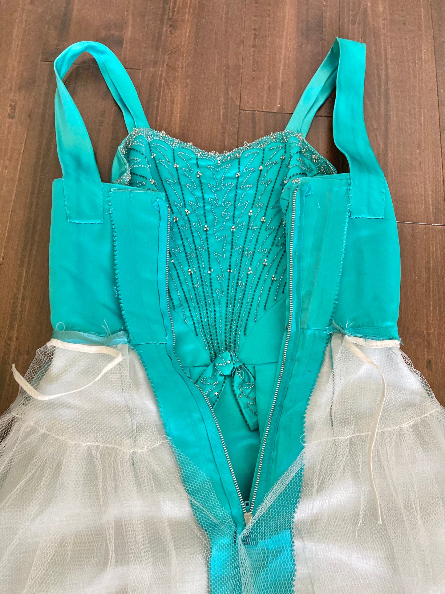 Stunning 50s Heavy Satin Party Dress with Beaded Detail, Size S