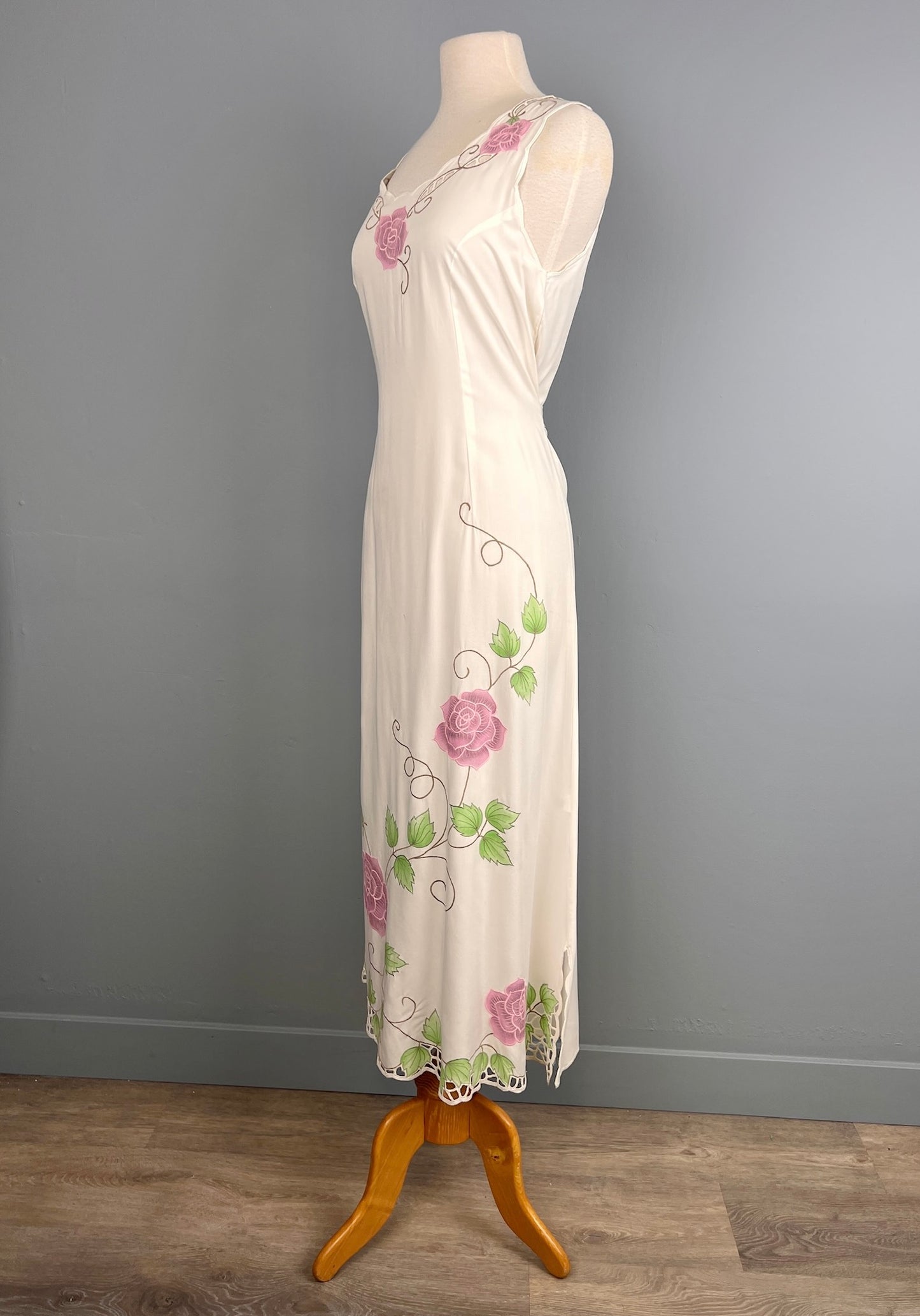 1990s Lacy White Dress with Mauve Roses, Hibis Lace Works White 90s Dress, Size M