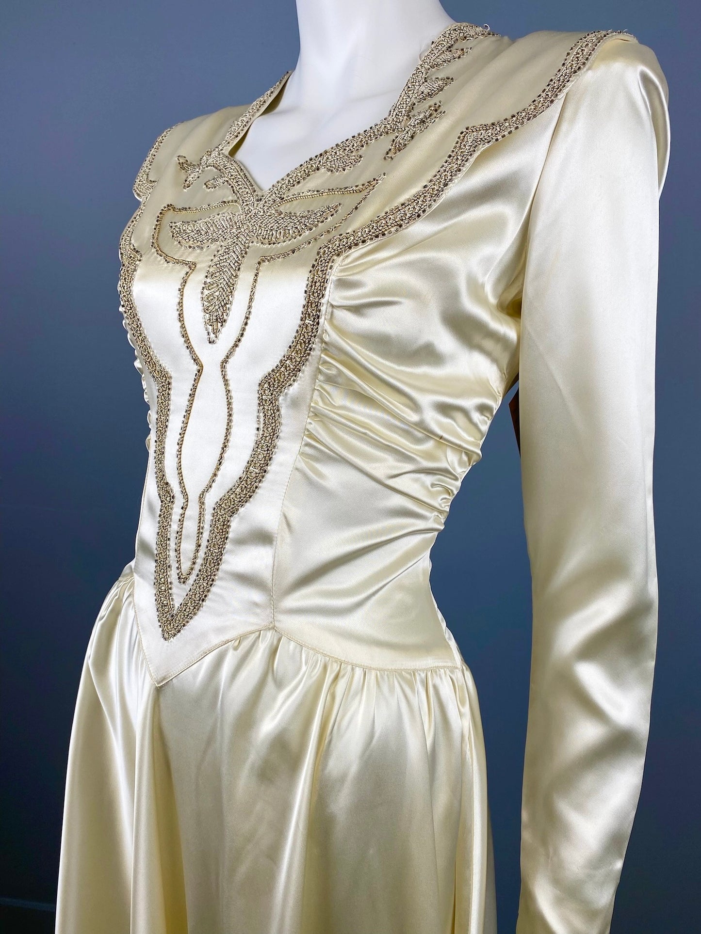 1940’s Satin Beaded Wedding Dress, Size S