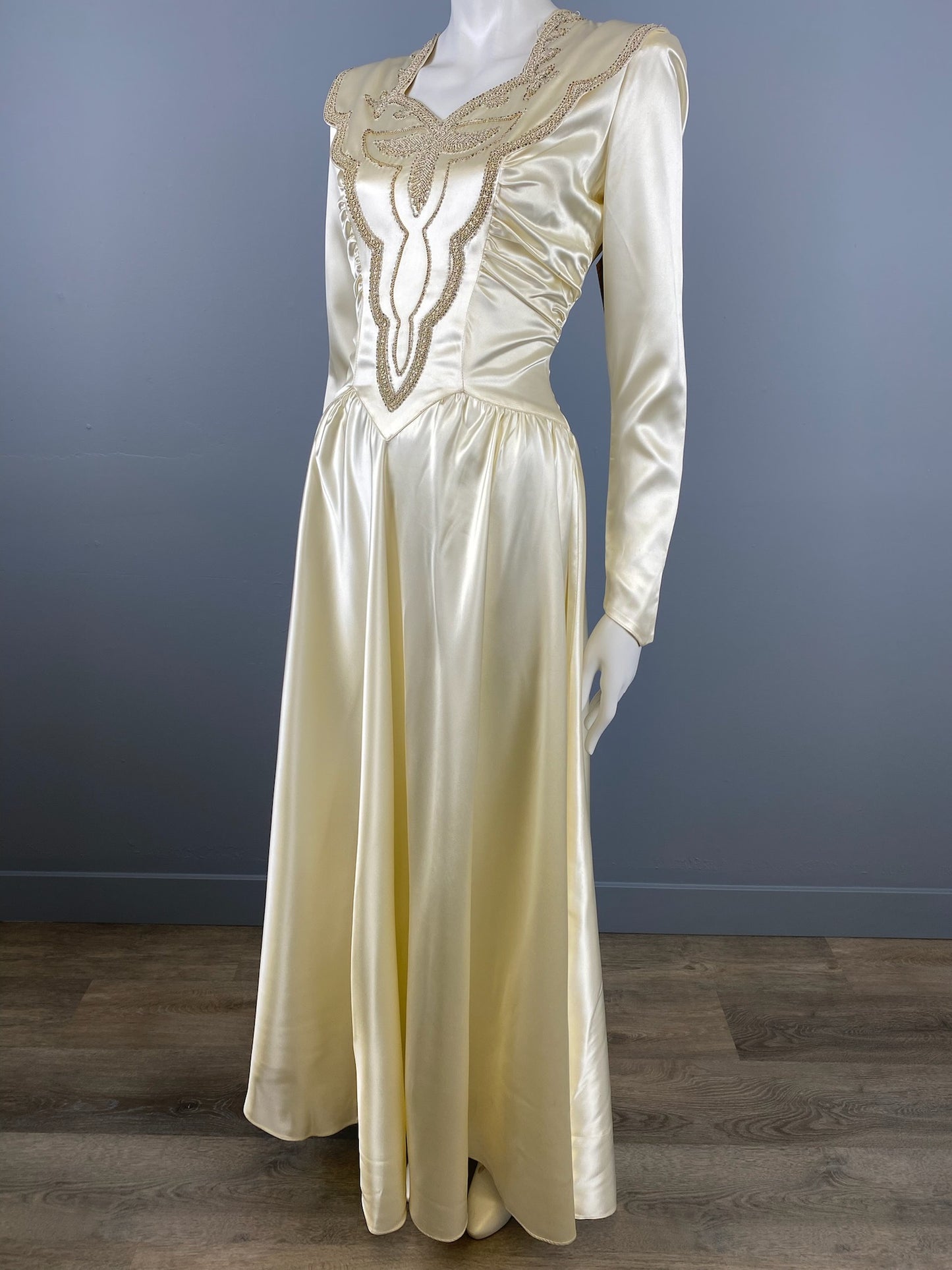 1940’s Satin Beaded Wedding Dress, Size S