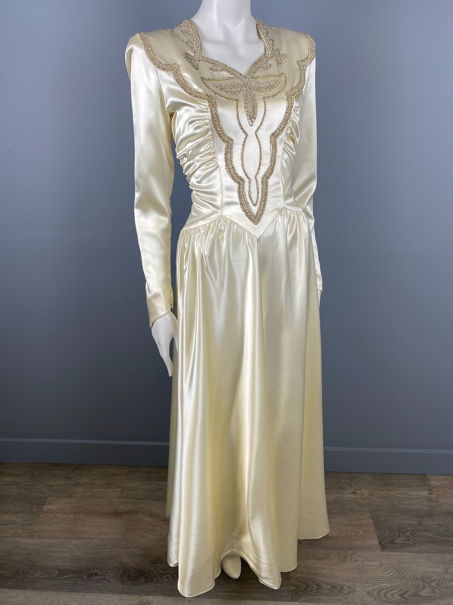 1940’s Satin Beaded Wedding Dress, Size S