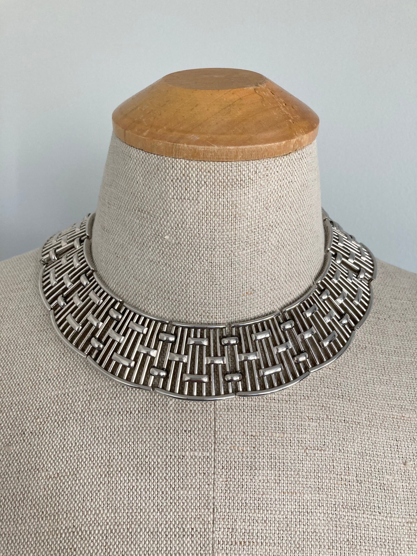 70s Trafari Wide Silver Collar Necklace, Egyptian Style Adjustable Necklace, 70s Modernist Style Chunky Collar Necklace