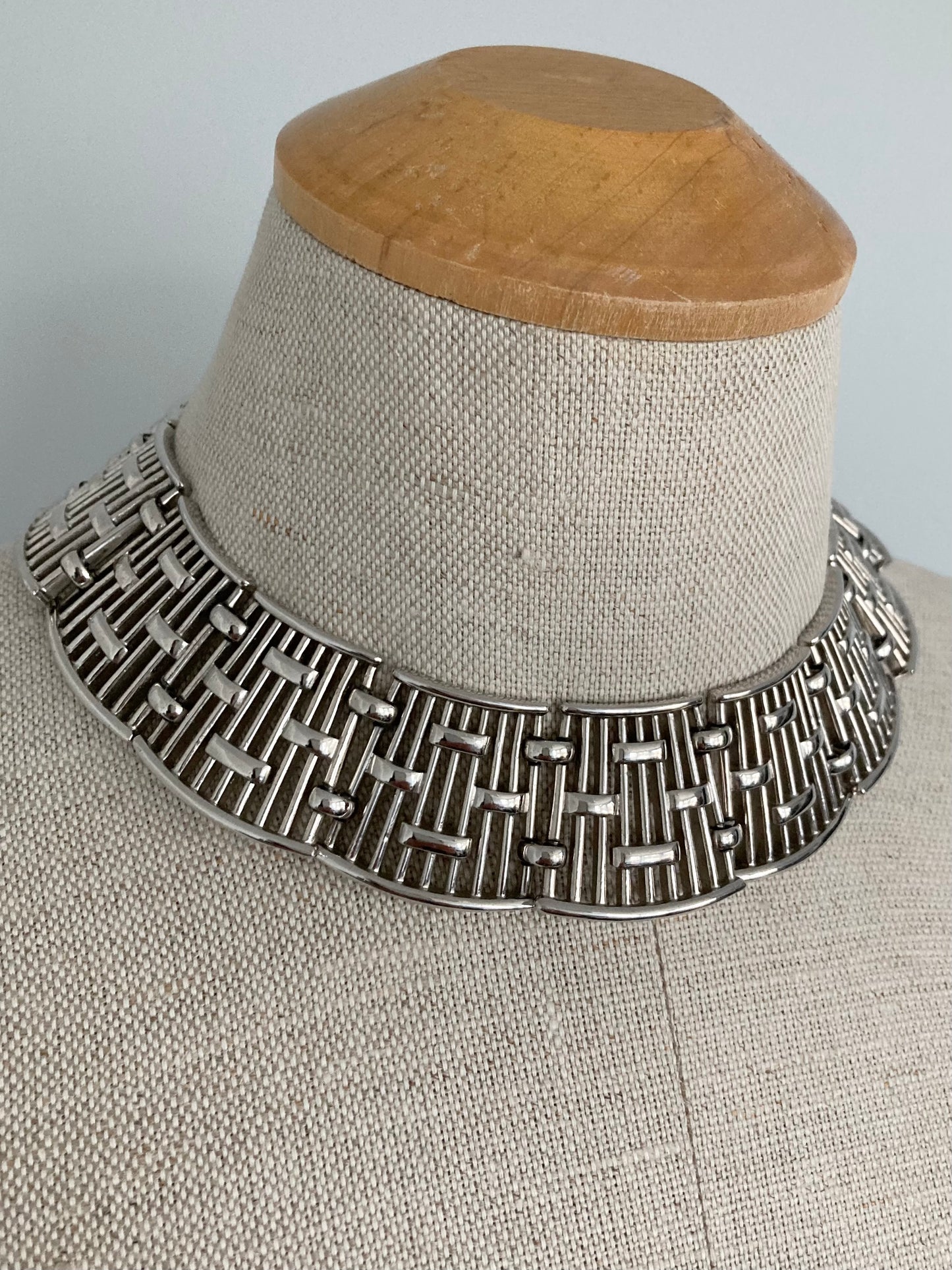 70s Trafari Wide Silver Collar Necklace, Egyptian Style Adjustable Necklace, 70s Modernist Style Chunky Collar Necklace