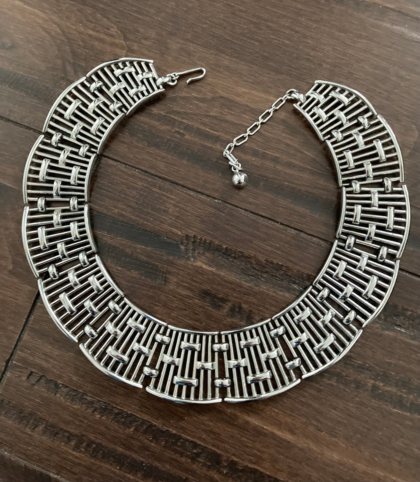 70s Trafari Wide Silver Collar Necklace, Egyptian Style Adjustable Necklace, 70s Modernist Style Chunky Collar Necklace