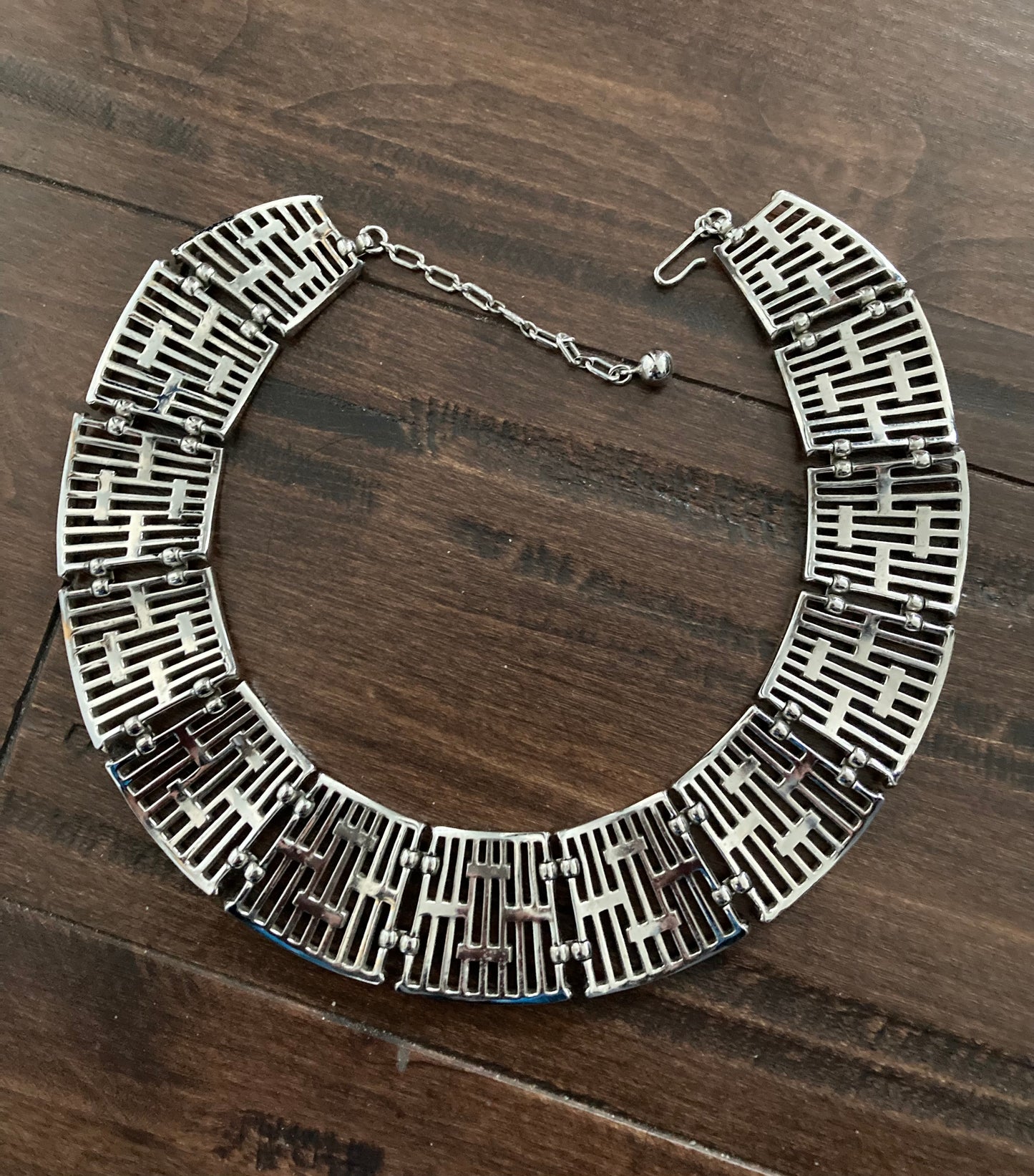 70s Trafari Wide Silver Collar Necklace, Egyptian Style Adjustable Necklace, 70s Modernist Style Chunky Collar Necklace
