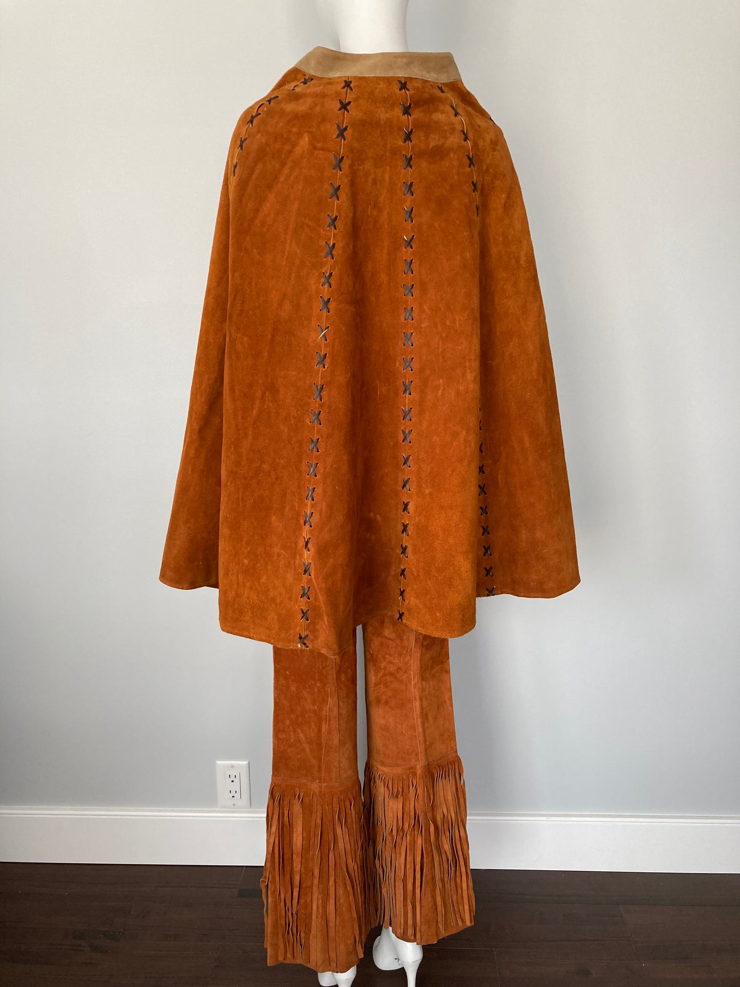 3 Pce 60/70s Fringe and Patchwork Suede Pant, Vest and Cape Ensemble, Size S/M