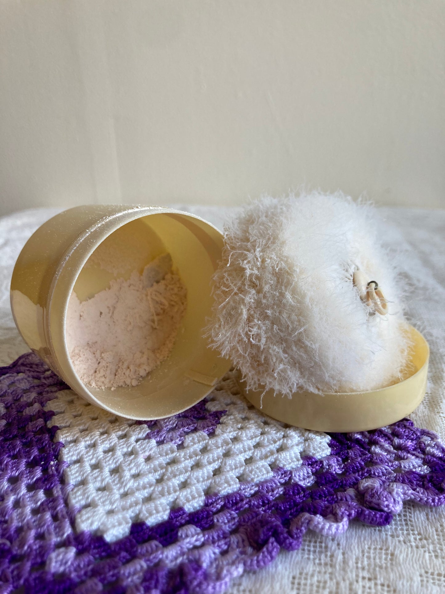 Antique celluloid Powder Canister and Powder Puff