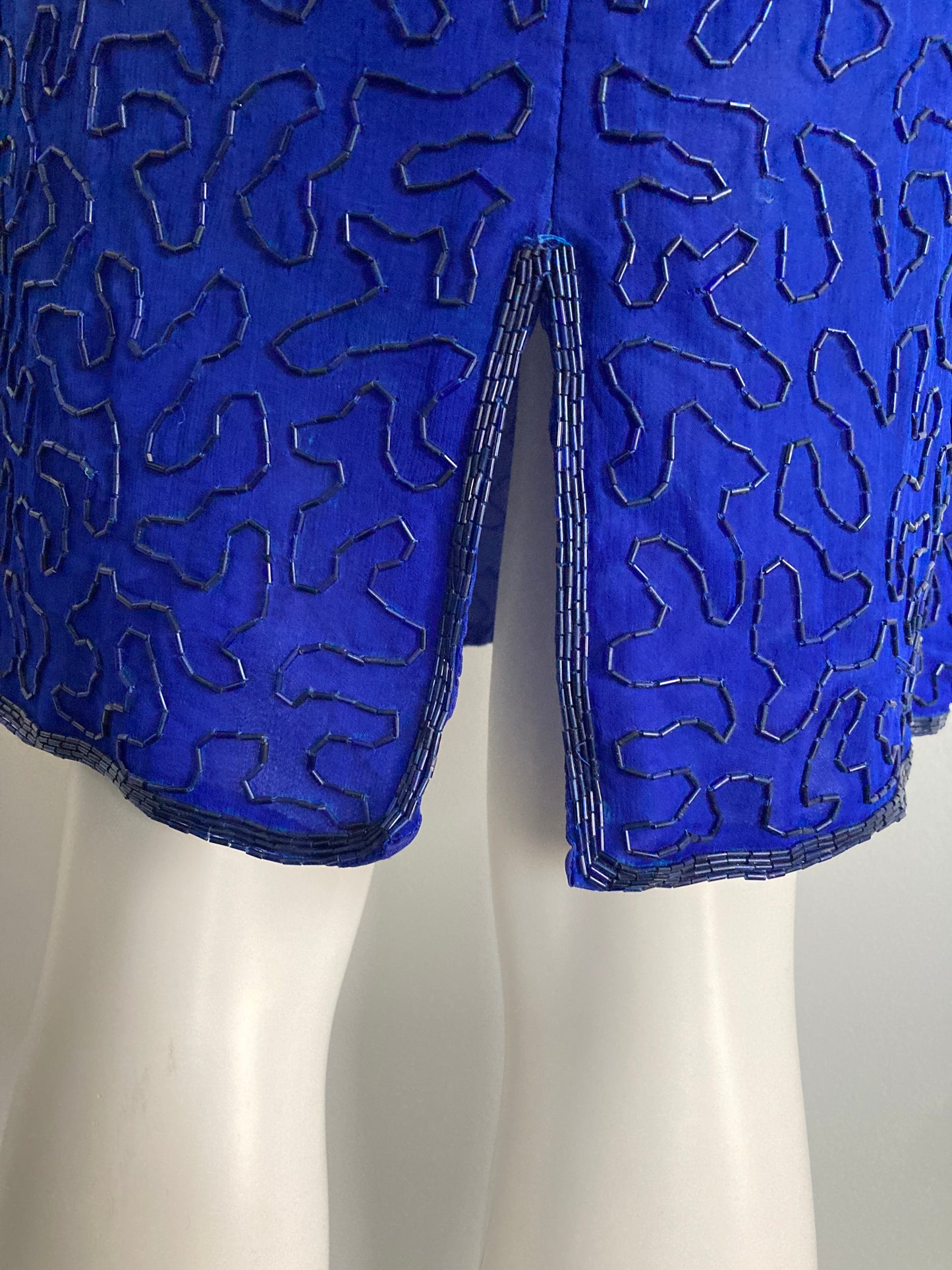 1980s Cobalt Blue Beaded Silk Dress, Size M, Beaded Party Dress