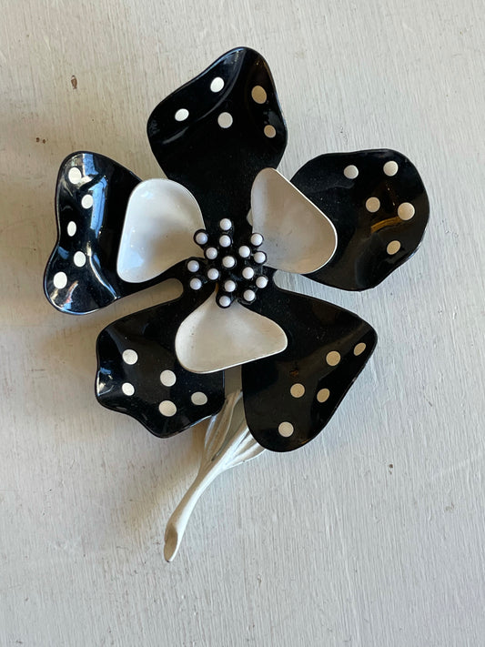 1960s Black & White Enamel Flower Brooch