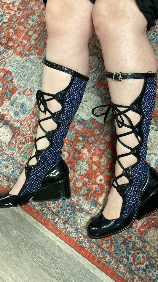 RARE, Vintage 1970s Cutout Corset Lace-Up Go-Go Wedge Boots, Size 9B