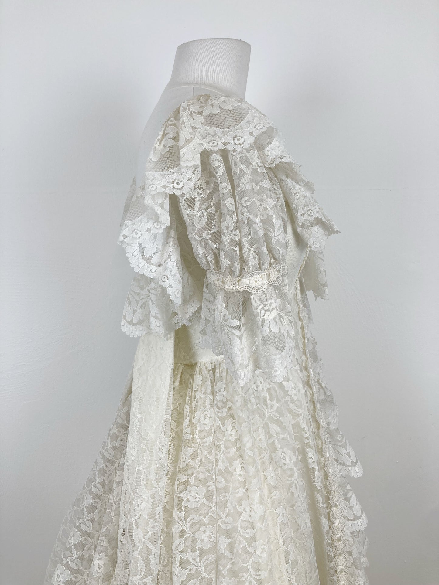 Romantic 1970s Lacey Regency Style Bridal Gown, "Charlotte"