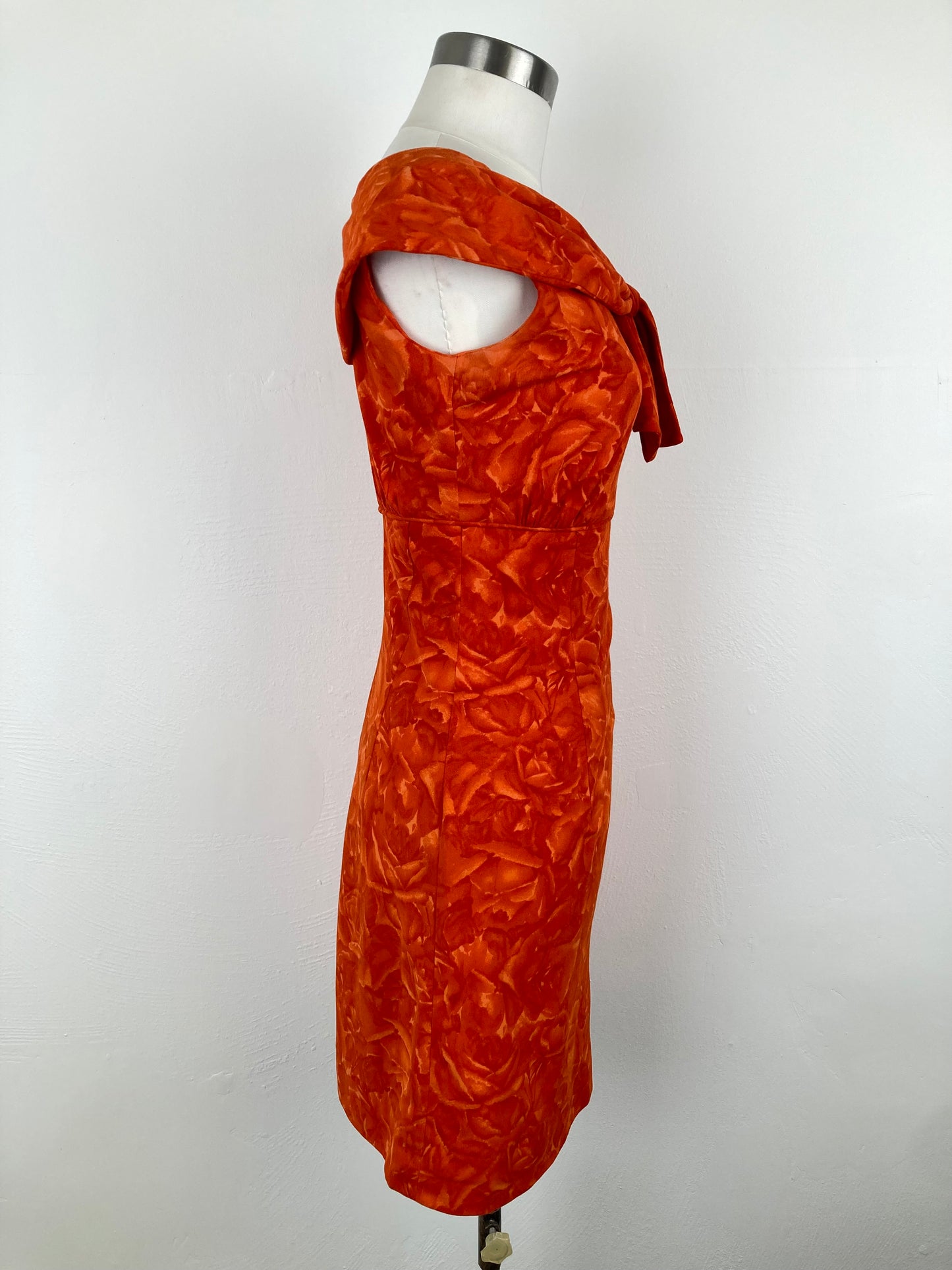 60s Burnt Orange Rose Bombshell Dress, 50s Bombshell Dress, Size M