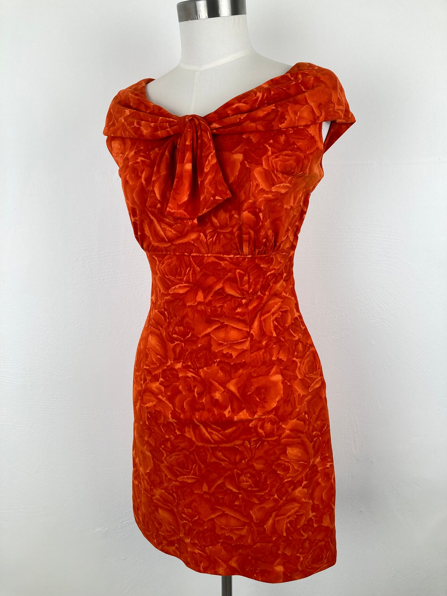 60s Burnt Orange Rose Bombshell Dress, 50s Bombshell Dress, Size M