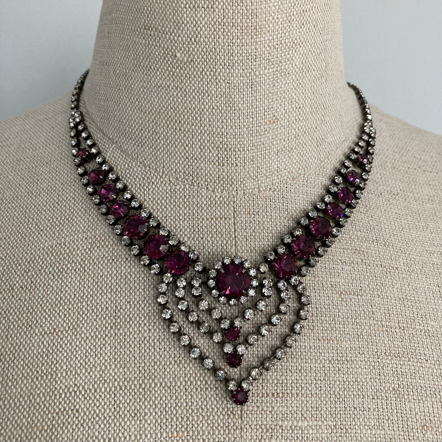 Dramatic Purple Mid Century Rhinestone Necklace, Fancy Vintage Rhinestone Necklace