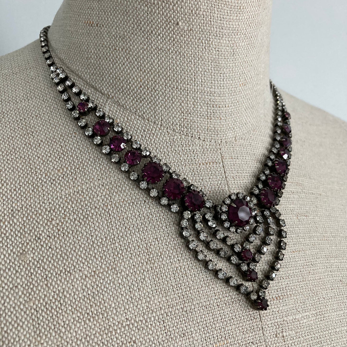 Dramatic Purple Mid Century Rhinestone Necklace, Fancy Vintage Rhinestone Necklace