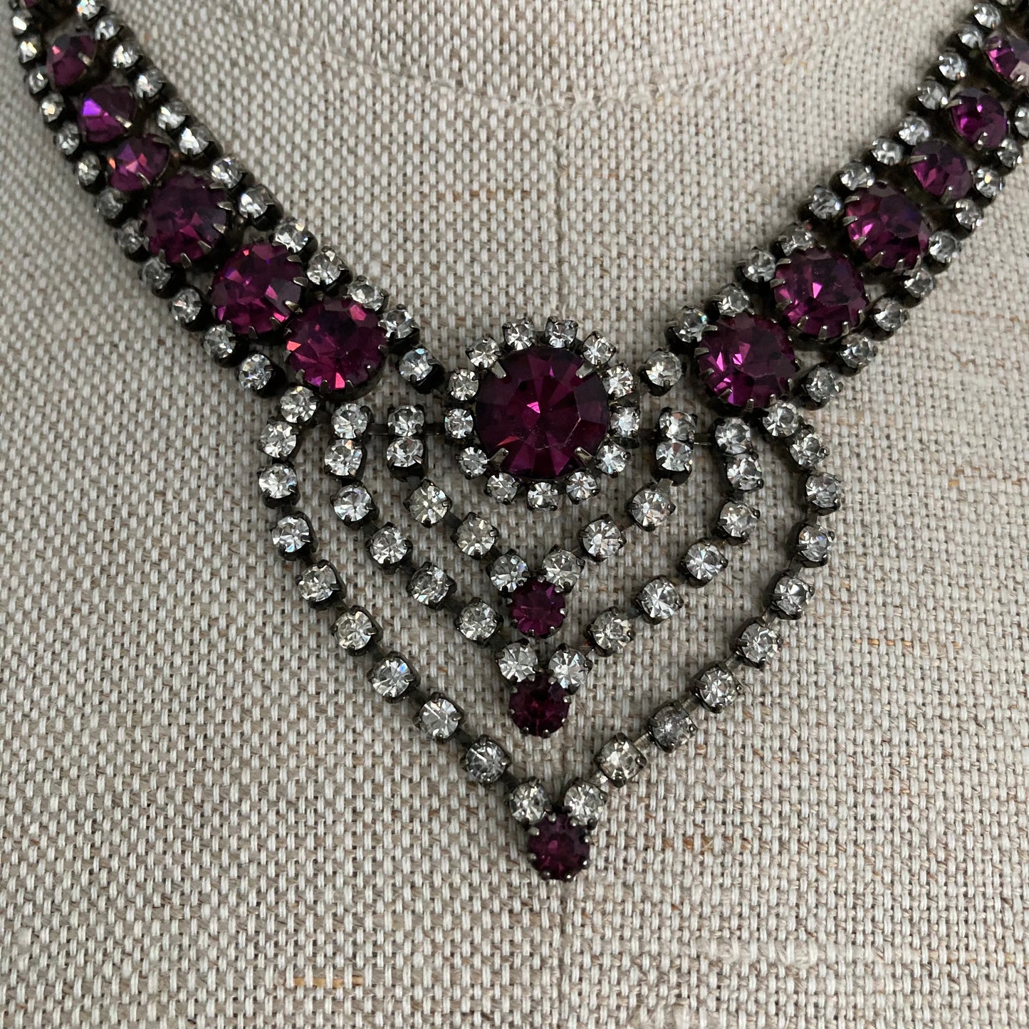 Dramatic Purple Mid Century Rhinestone Necklace, Fancy Vintage Rhinestone Necklace