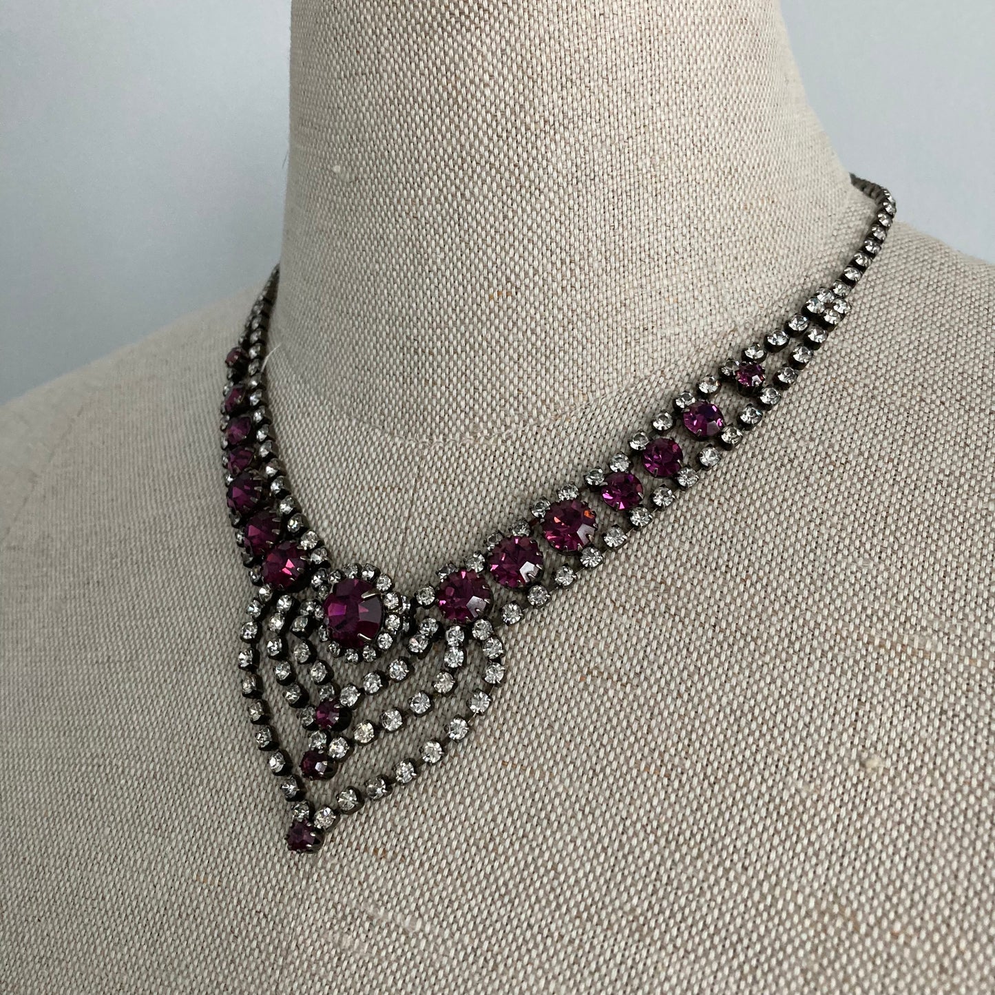 Dramatic Purple Mid Century Rhinestone Necklace, Fancy Vintage Rhinestone Necklace