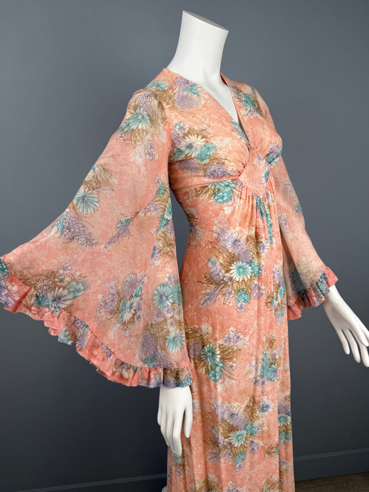 970s Boho Angel Sleeve Apricot and Blue Maxi Dress, Size XS
