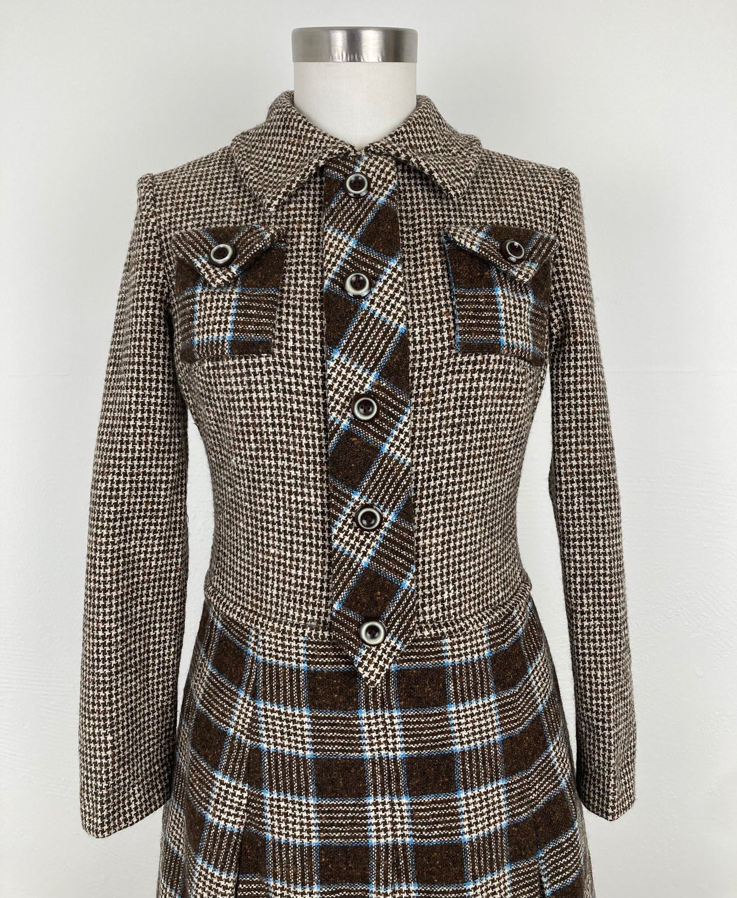 1970s Wool Houndstooth Dress with Subtle Plaid Skirt, Size S