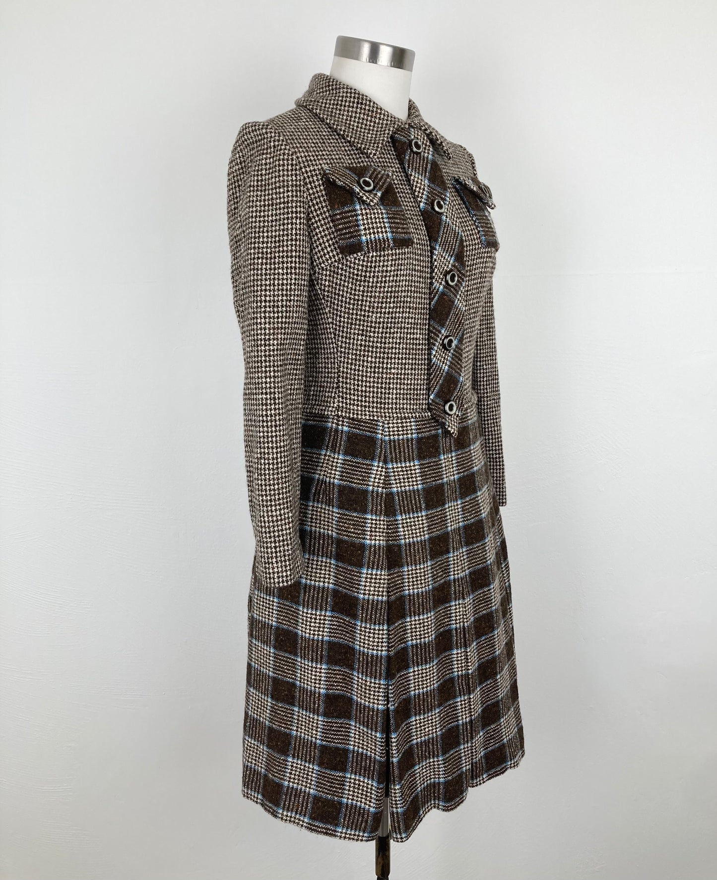 1970s Wool Houndstooth Dress with Subtle Plaid Skirt, Size S
