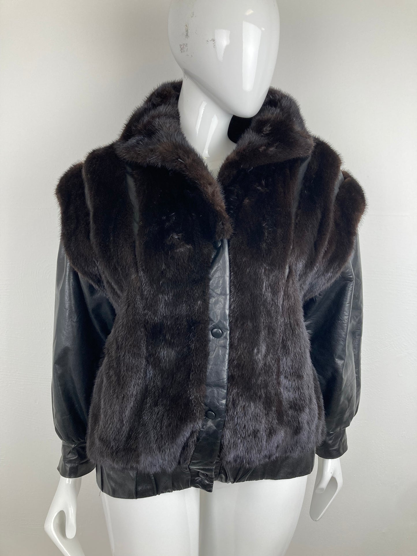 80s Convertible Mink and Leather Bomber Jacker with Removable Sleeves, Size XL