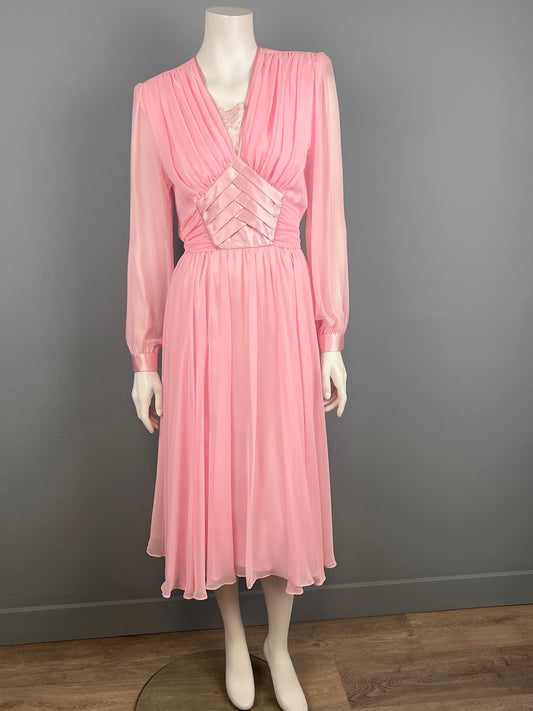 1980s Flowy Pink Chiffon Dress, Flattering Draped Pink Chiffon Dress, Size S