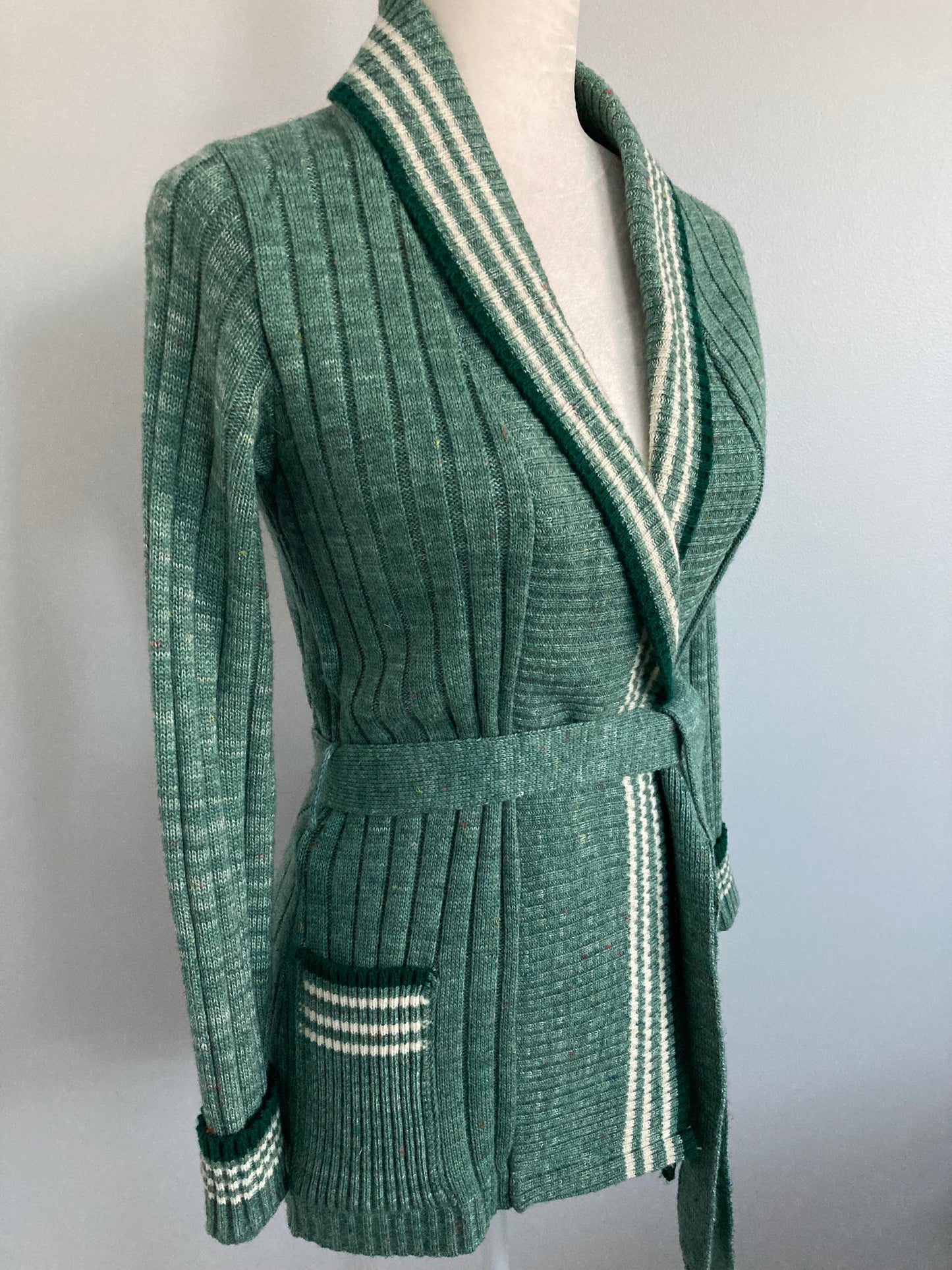 1970s Green Wrap Rib Knit Cardigan Sweater, Size S