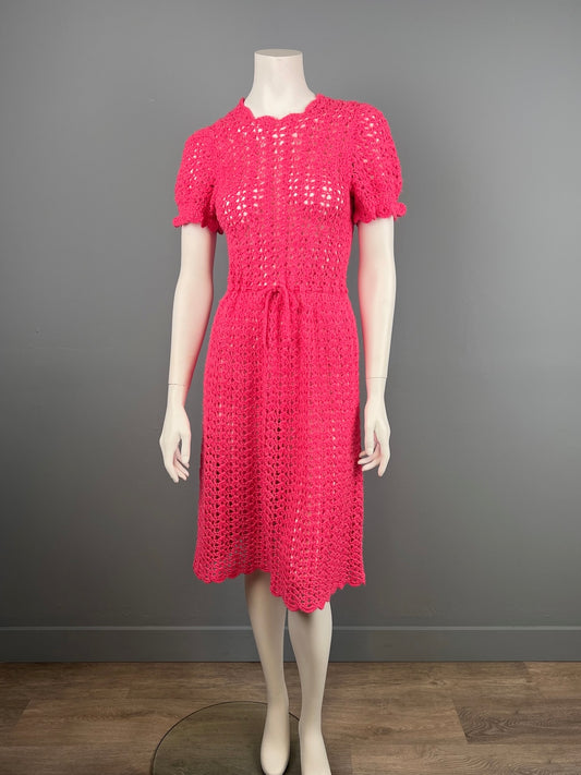 1960/70s Hand Crocheted Dress, Vintage Hot Pink Mod Crochet Dress, Size Small