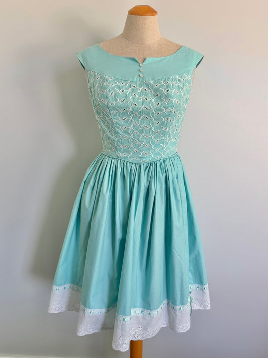 1950s Turquoise Teena Paige Summer Cotton Dress, Size XS
