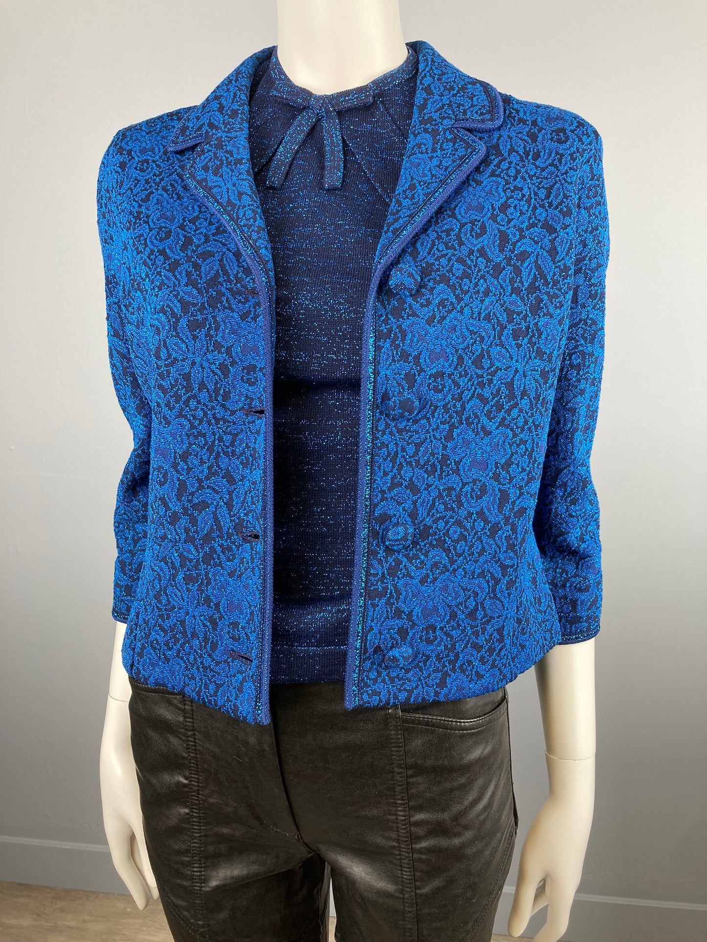 60s Wool Knit Jacket and Top, Tricosa Blue Metallic Jacket and Top Set, Size Small