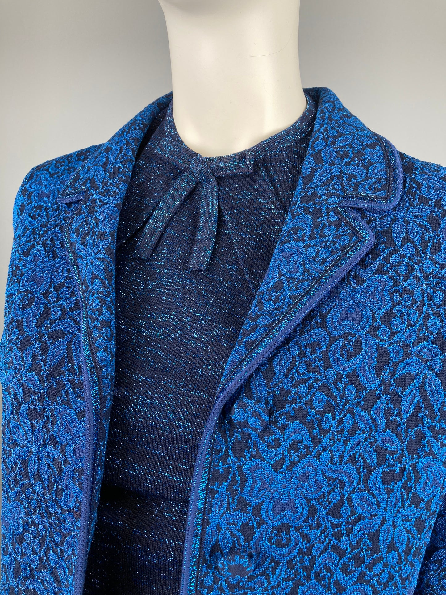 60s Wool Knit Jacket and Top, Tricosa Blue Metallic Jacket and Top Set, Size Small