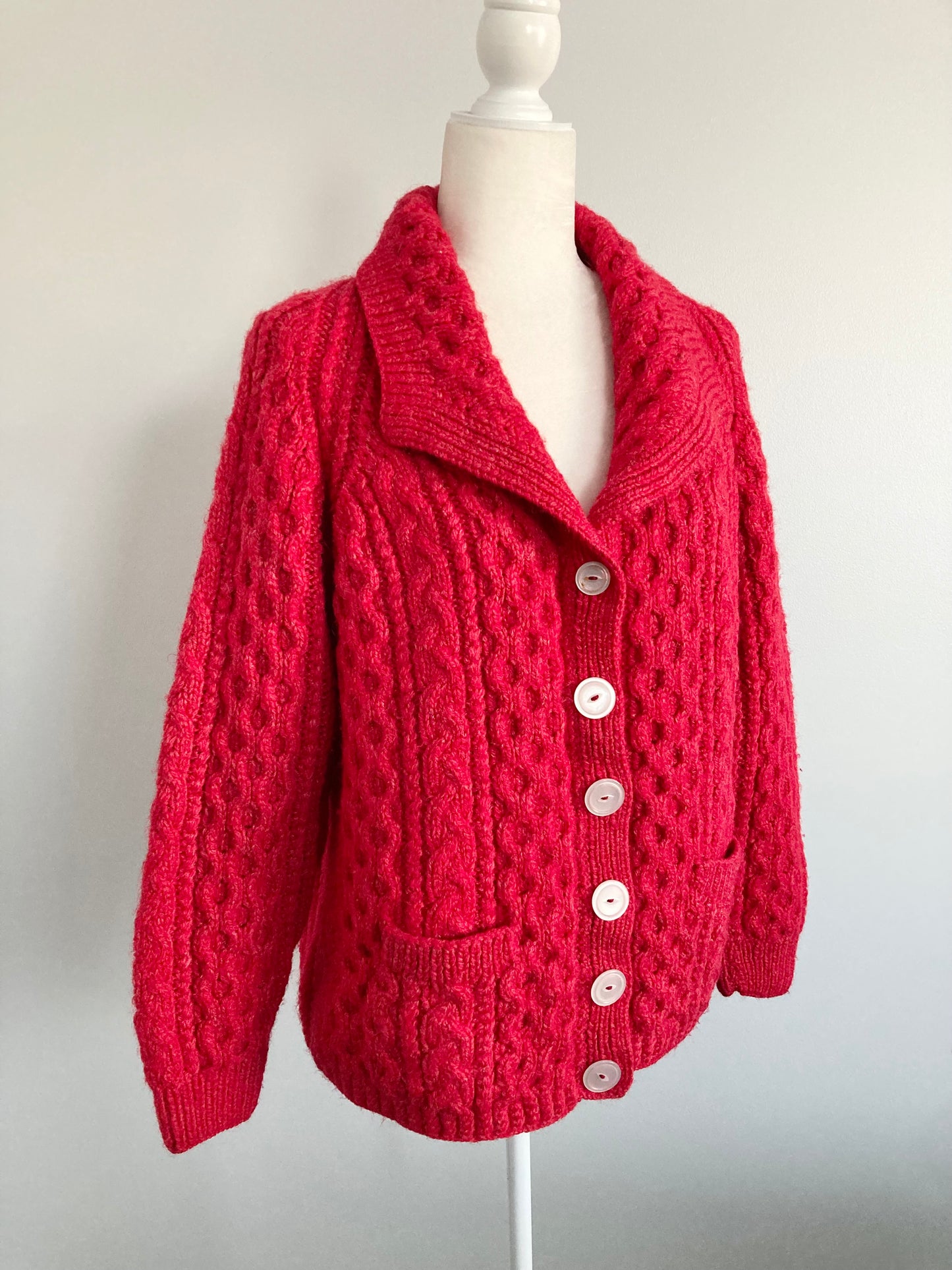 Vintage Hand Knit Red Tone Aran Cardigan, Size M/L