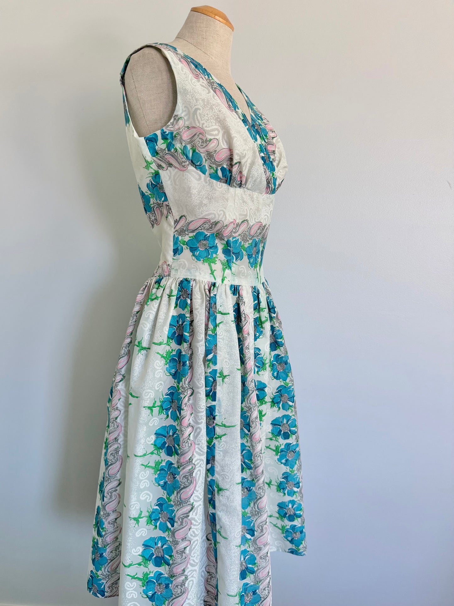 Midcentury Vintage Floral Dress • Pink & Turquoise Fit and Flare • 50s Rockabilly Crossover Sundress