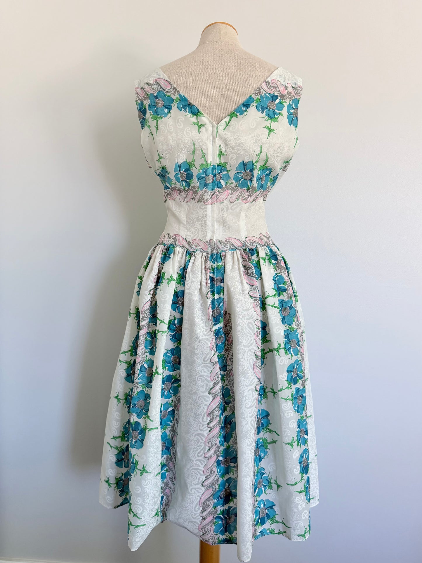 Midcentury Vintage Floral Dress • Pink & Turquoise Fit and Flare • 50s Rockabilly Crossover Sundress