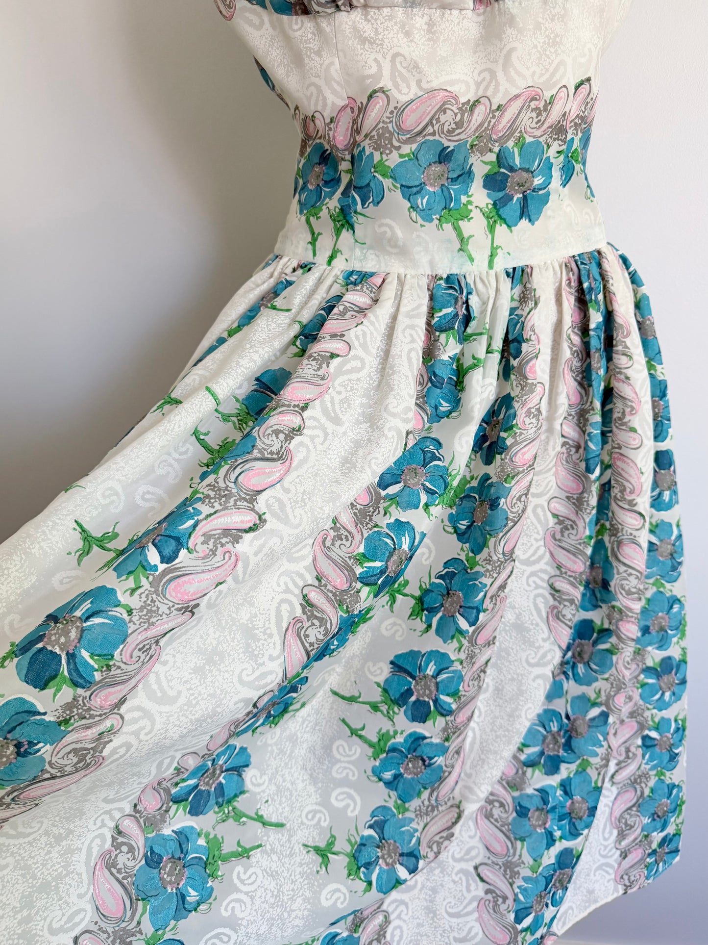 Midcentury Vintage Floral Dress • Pink & Turquoise Fit and Flare • 50s Rockabilly Crossover Sundress
