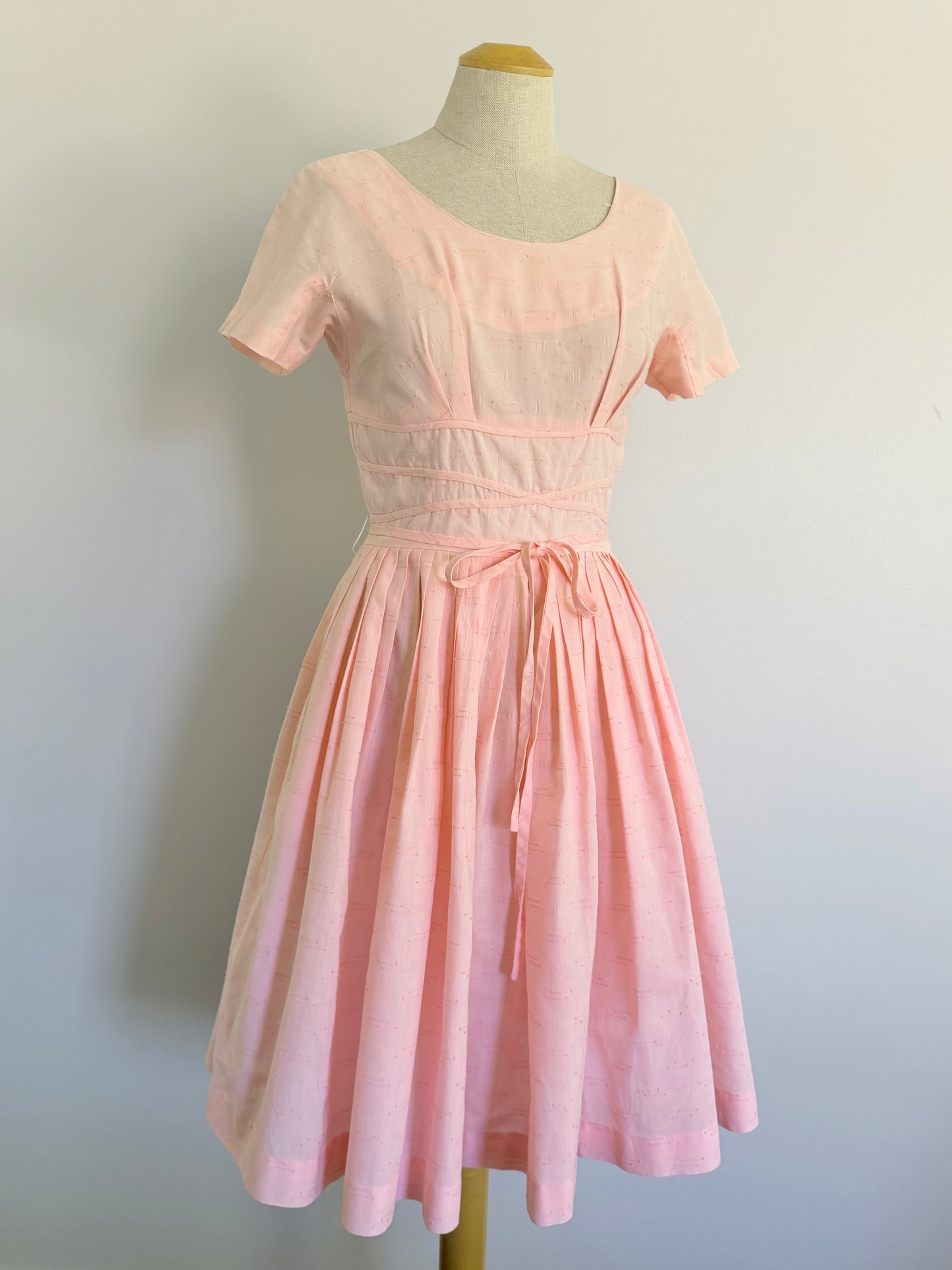 1950s Soft Pink Cotton Fit and Flare, Bust 34 Dress, Waist 26