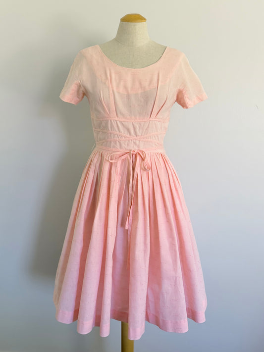 1950s Soft Pink Cotton Fit and Flare, Bust 34 Dress, Waist 26