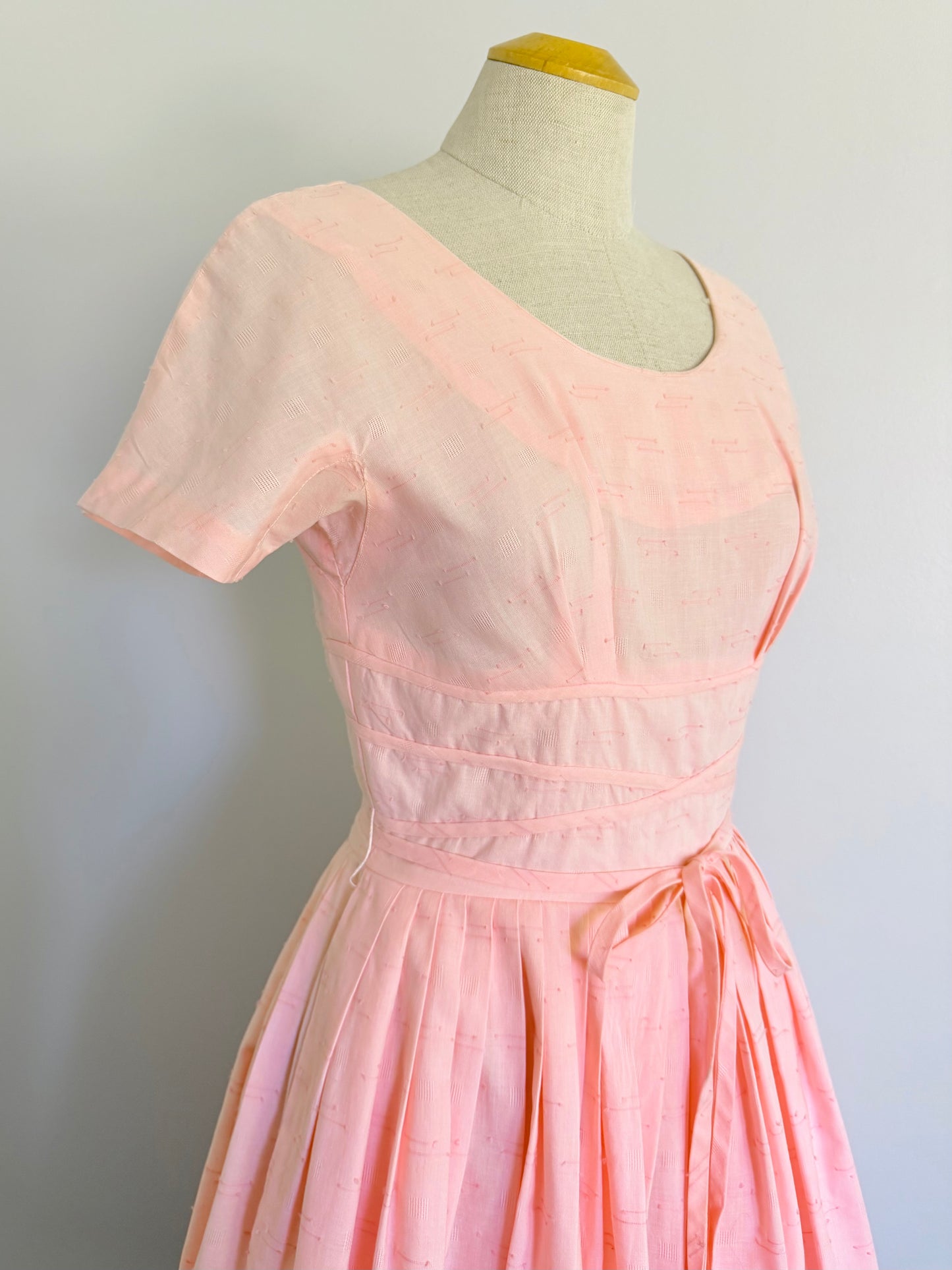 1950s Soft Pink Cotton Fit and Flare, Bust 34 Dress, Waist 26