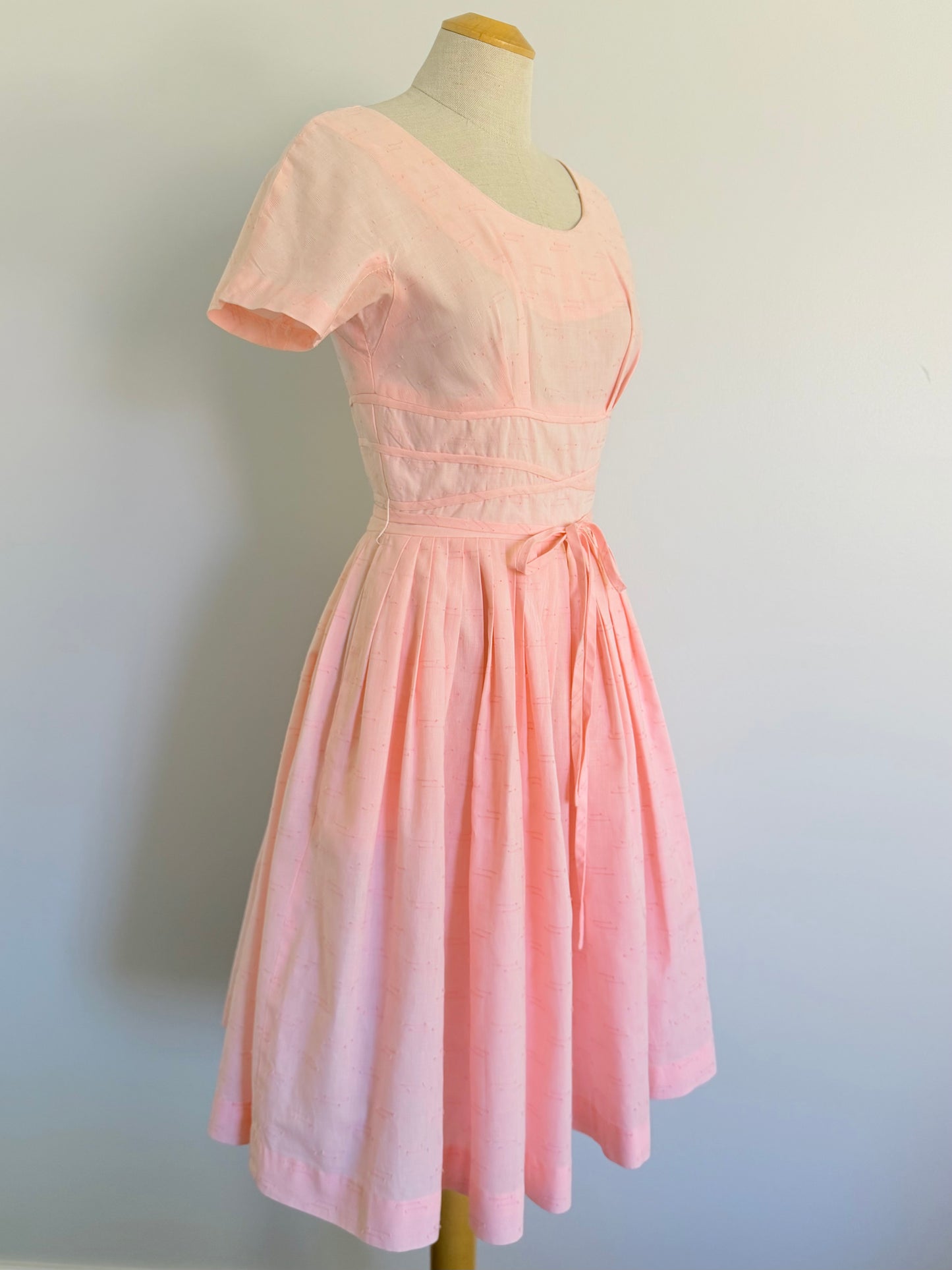 1950s Soft Pink Cotton Fit and Flare, Bust 34 Dress, Waist 26