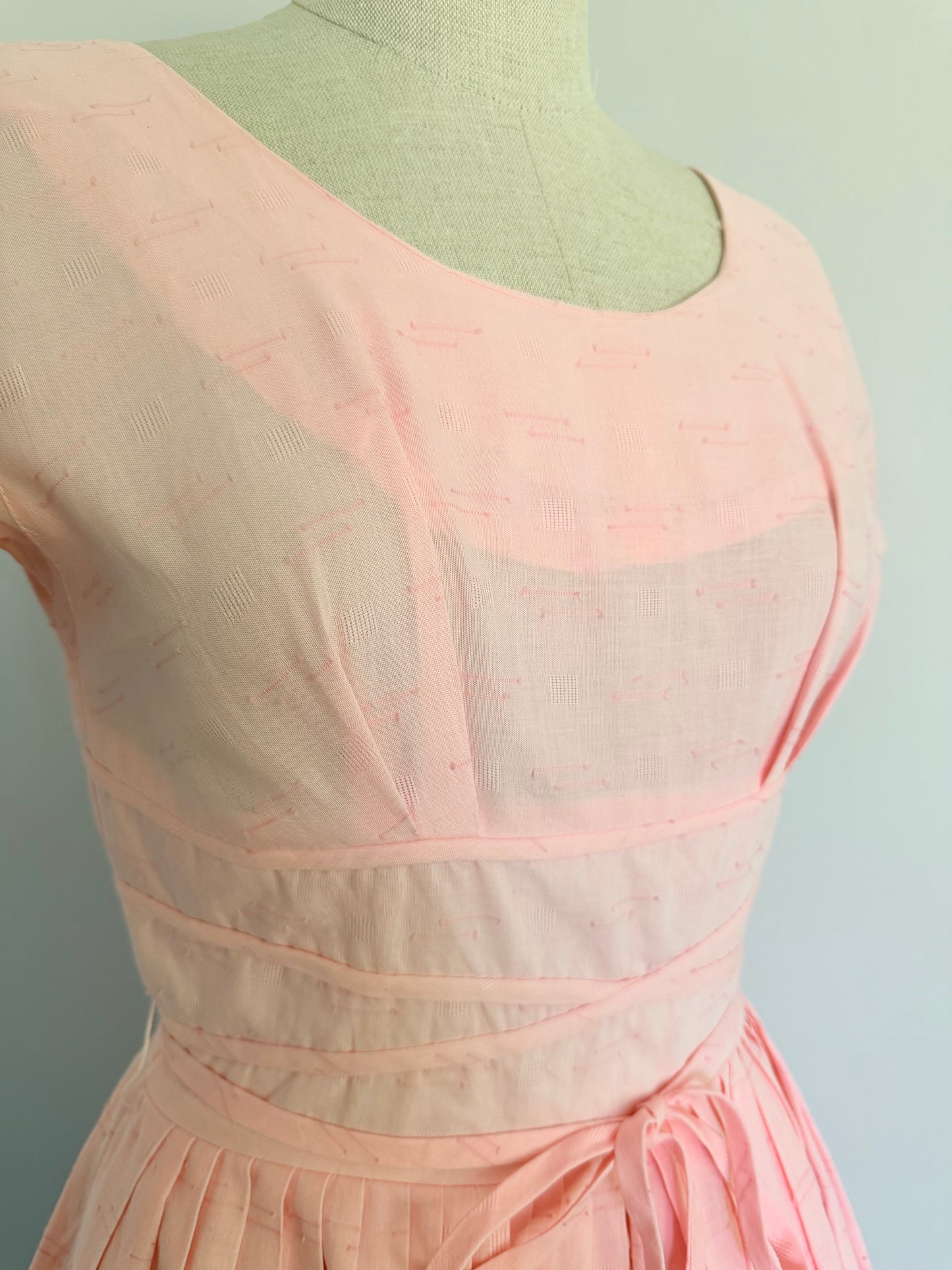 1950s Soft Pink Cotton Fit and Flare, Bust 34 Dress, Waist 26