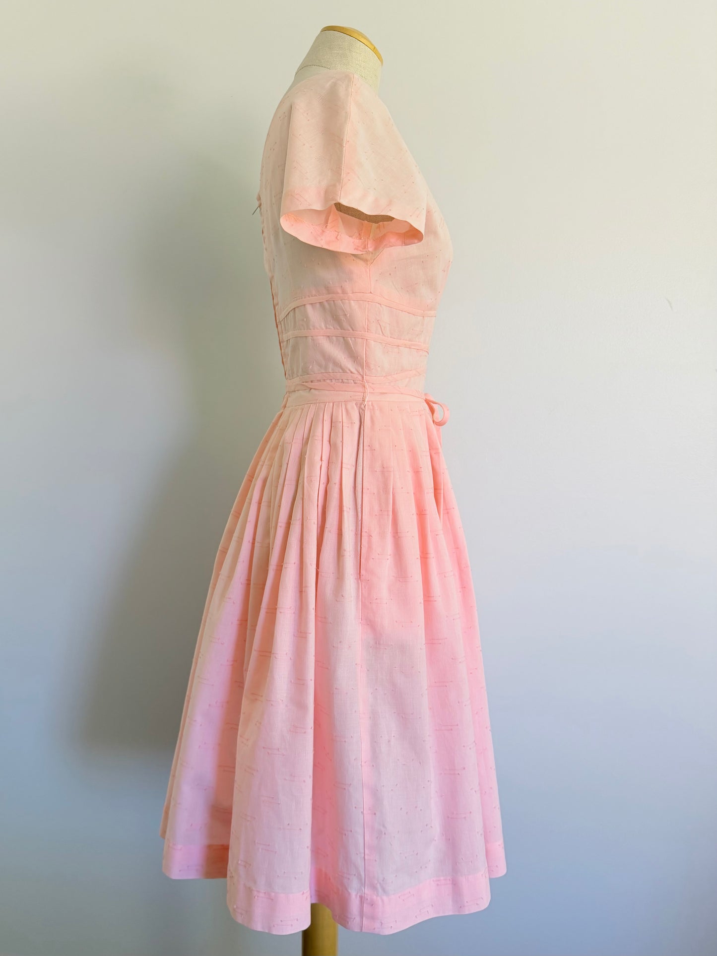 1950s Soft Pink Cotton Fit and Flare, Bust 34 Dress, Waist 26