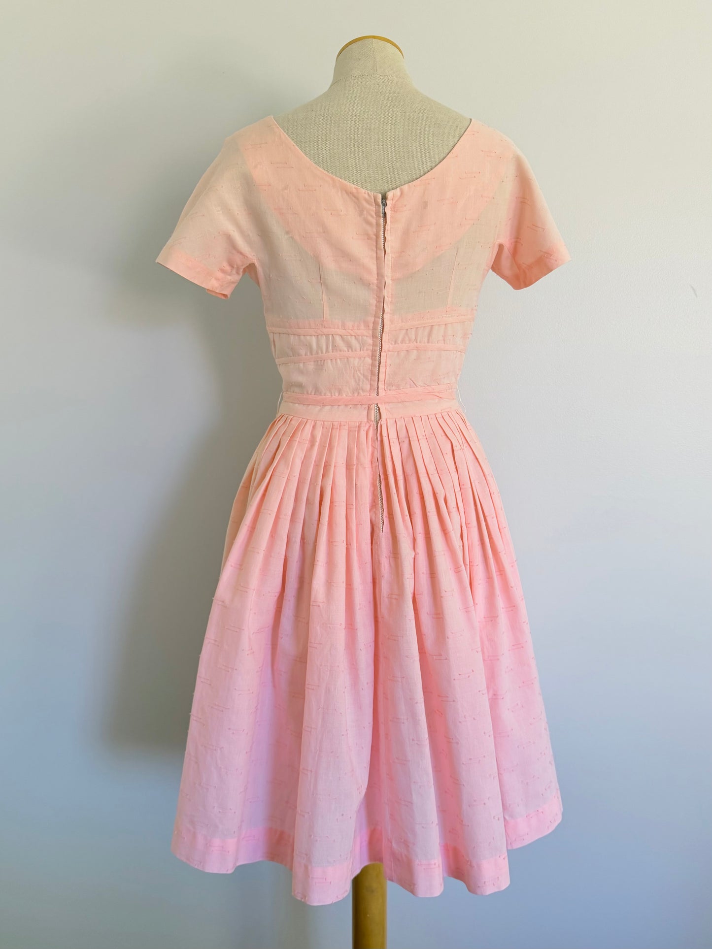 1950s Soft Pink Cotton Fit and Flare, Bust 34 Dress, Waist 26