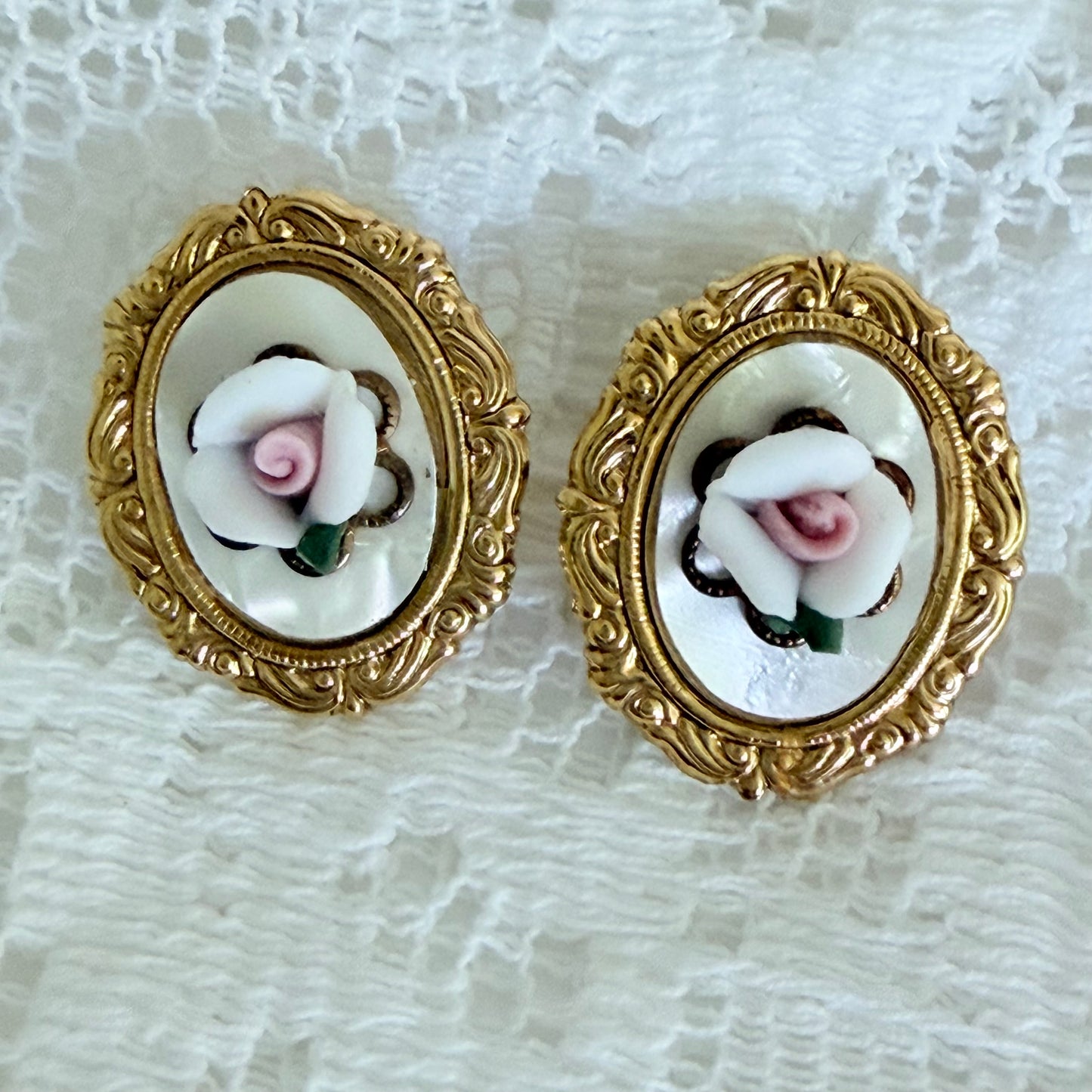 Vintage Mother of Pearl & Porcelain Pink Rose Cameo Style Pierced Earrings