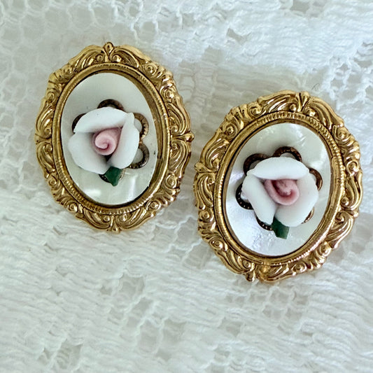 Vintage Mother of Pearl & Porcelain Pink Rose Cameo Style Pierced Earrings