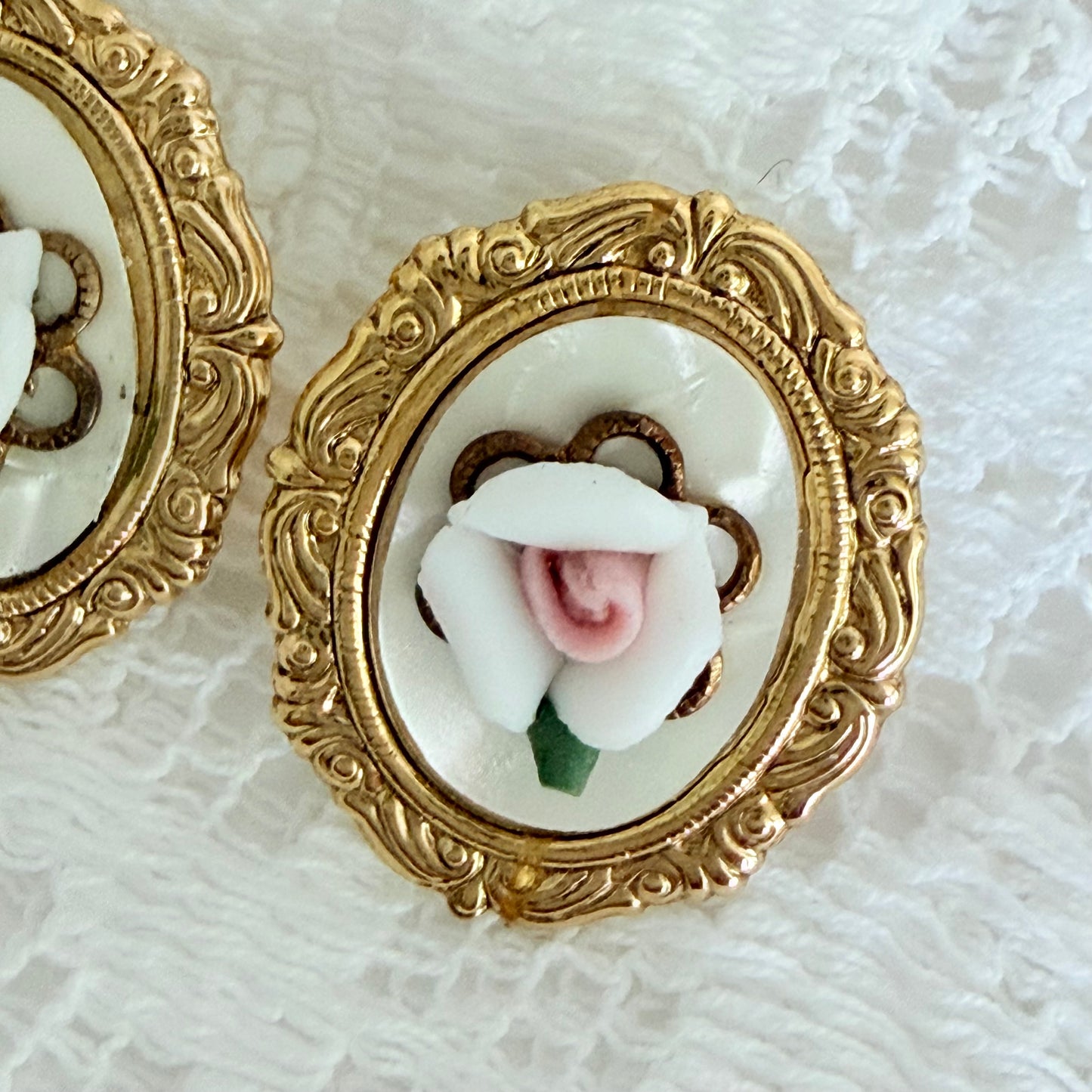 Vintage Mother of Pearl & Porcelain Pink Rose Cameo Style Pierced Earrings