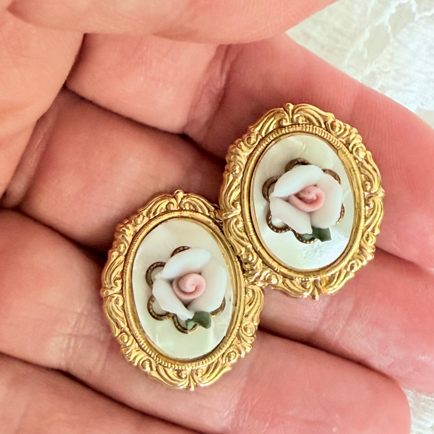 Vintage Mother of Pearl & Porcelain Pink Rose Cameo Style Pierced Earrings